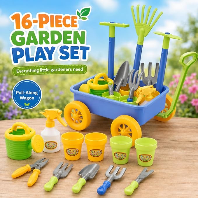 Liberty Imports Pull Along Garden Wagon and Gardening Tools Toy Play Set for Toddlers, Kids with Outdoor Tools, Plant Pots, Accessories