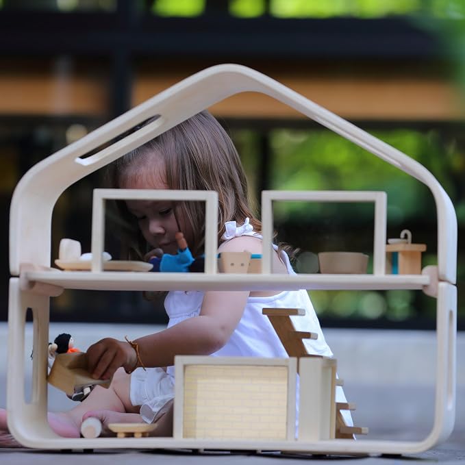 PlanToys® Contemporary Wooden Dollhouse | 2-Story Modular Doll House with Adjustable Walls, Furniture Set & Open Layout | Pretend Play Dollhouse Compatible with 1:12 Scale Accessories