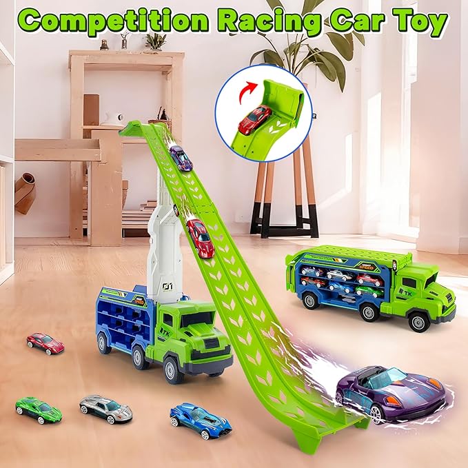Kids Toys for 3 4 5 6 7 8 Years Old Boys, Carrier Truck Transport Car Toys, Foldable 2 Layer Car Race Track Playset with 25-in Race Track, 6 Metal Toy Cars, Birthday Toy Gift for Toddler Boys Girls