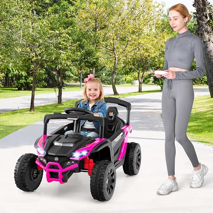 Costzon 12V Kids UTV Ride On Car, Battery Powered Electric Vehicle with Remote Control, 3 Speeds, LED Lights, Music, Horn & Spring Suspension, Off-Road UTV for Boys & Girls 3+ Years Old (Pink)