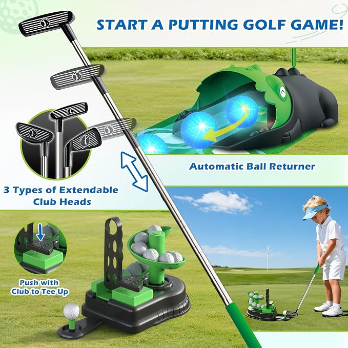 TERRAMUS Upgraded Kids Toy Golf Set, 3 in 1 Golf Toys with Dinosaur Automatic Ball Returner & Ball Launcher Led Light Up Balls, Mini Golf Toy for Ages 3-8, Indoor Outdoor Sports Gift for Boys Girls