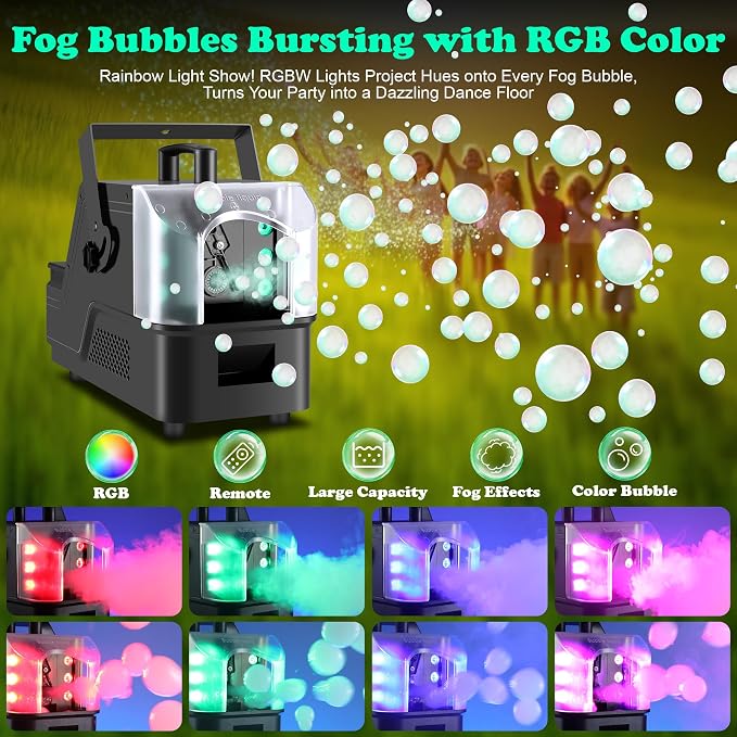 Fog Bubble Machine with 6 PCS RGB Lights & Remote,900W 3 in 1 Smoke Bubble Maker Unleash High-Output Long-Range Bubble & Fog Blower for Halloween Christmas Party Wedding Birthday (Small)
