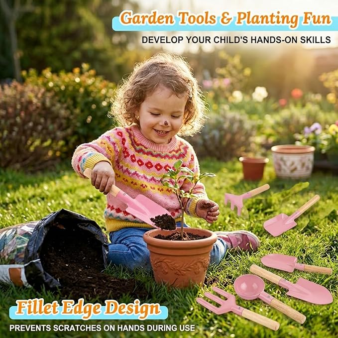 6 Piece Kids Gardening Tools, Children Beach Sand Toys, Made of Metal with Sturdy Wooden Handle, Safe Beach Gardening Set, Spoon, Fork, Rake & Shovel, Gifts for Kids(Pink)