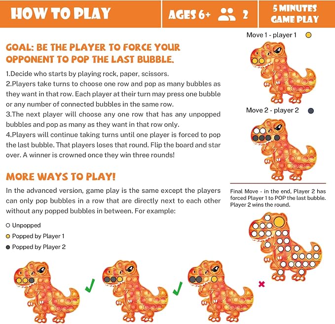 Dinosaur Pop Fidget Toy for Travel, Home, Classroom, Kids & Adults Silicone Stress Relief Sensory Game, Dual-Sided Educational Bubble Toy for Fine Motor Skills, Focus, Anxiety Reduction (Orange)