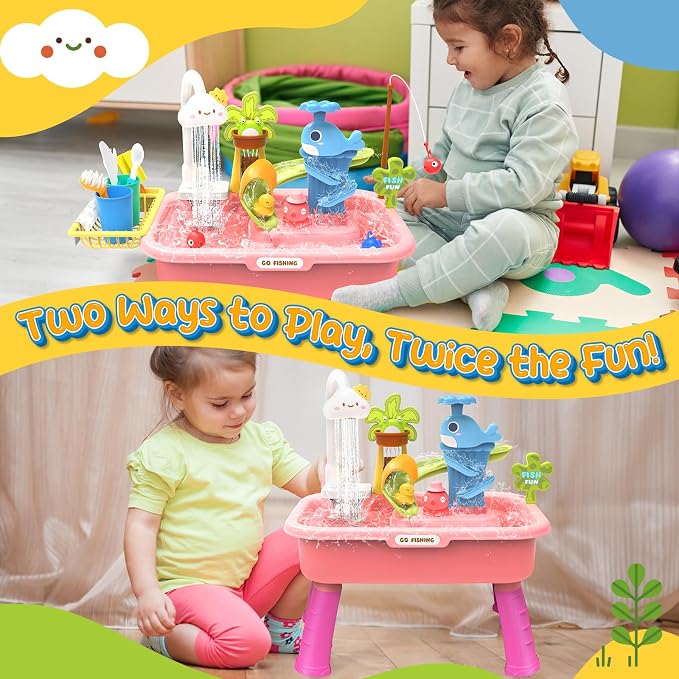 2026 Upgraded Water Table for Toddlers 1-3 - Play Sink with Running Water & Electric Faucet, Pretend Play Kitchen Sink Toy, Outdoor Sensory Summer Toys for Kids Ages 4-8, Fishing Game, Blue