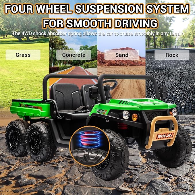 Hetoy 2 Seater Ride on Dump Truck, 24V Electric Vehicle Toys for Kids with Remote Control, Ride on Car with Electric Dump Bed, Toy Shovel, Music, LED Headlights & Spring Suspension- Ages 3+ (Green)