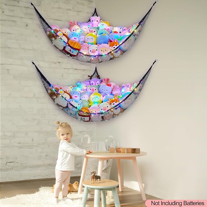 Unicorn Castle Stuffed Animals Net or Hammock Kids Toy Storage Organizer with LED Light Hanging Corner Stuffed Animals Holder Kids Girls Room Decor,Black,Large (Pack of 2)