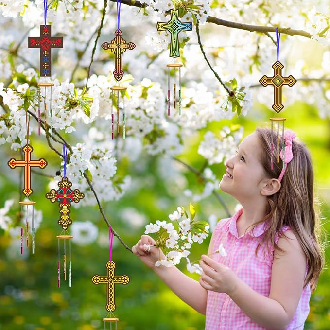 Fennoral 9 Pack Cross Wind Chime Kit for Kids Make You Own Sunday School Craft for Kids Wooden DIY to Paint for Art Activities Christian Mom's Gifts Birthday Sunday School Decoration