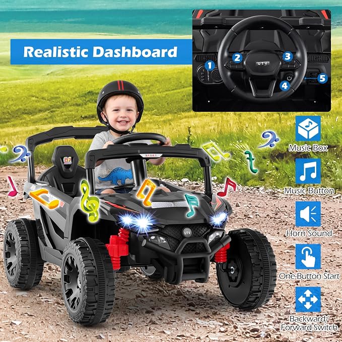 Costzon 12V Kids UTV Ride On Car, Battery Powered Electric Vehicle with Remote Control, 3 Speeds, LED Lights, Music, Horn & Spring Suspension, Off-Road UTV for Boys & Girls 3+ Years Old (Black)