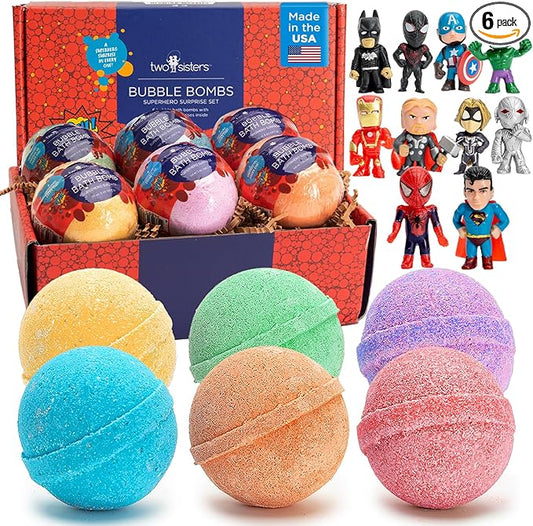 Superhero Bath Bombs for Kids with Surprise Toys Inside (6 Pack) - Large Bubble Bomb Fizzies for Boys, Girls, & Toddlers - Birthday Gift for Kids - Fruity Scent, USA Made by Two Sisters
