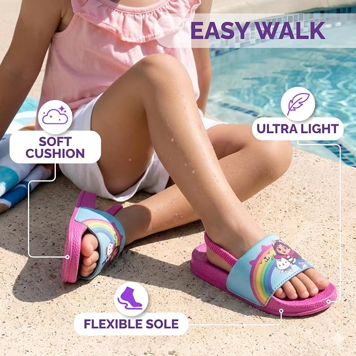 Josmo Gabbys Dollhouse Hello Kitty Slides Open Toe Sandals with Backstrap - Kid Girls Summer Beach Water Pool Shoes (sizes: 5-10 Toddlers / 11-12 Little Kids)