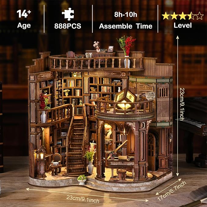 DIY Book Nook Kit for Adults, Miniature House Kit Wooden Dollhouse Bookshelf Decor with LED Light, 3D Puzzle Model Building Crafts for Adults, Creative Gift Idea for Women & Men