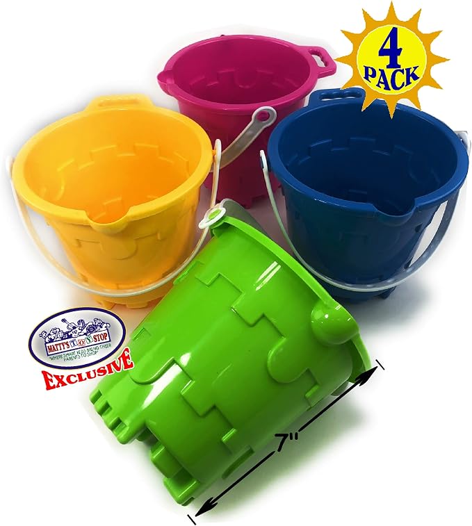 Matty's Toy Stop Beach Gear 7" Plastic Castle Mold Sand Buckets (Pails) with Easy Pour Spout and Handle Blue, Pink, Green & Yellow Party Set Bundle - 4 Pack