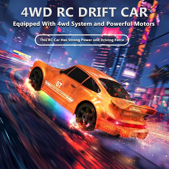 Remote Control Car RC Drift Car 2.4GHz 1:24 4WD 15KM/H High Speed Racing Sport Car with LED Lights Drifting Tire Racing Sport Toy for Adults Boys Girls Kids Gift 2Pcs Rechargeable Batteries