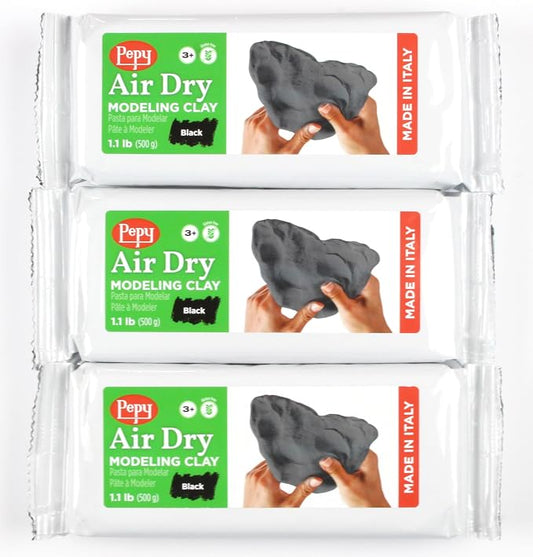 Pepy Premium European Air Dry Modeling Clay Black 3 Pack 1.1 lb Bars, 3.3 lbs Total, Easy to Use Air-Hardening Clay for Classroom and Montessori Sculpting and Crafts Projects