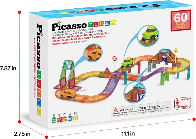 PicassoTiles 60pc Magnetic Tile Race Car Track Set STEM Construction Road Kit Building Blocks for Kids Toddlers Age 3 Plus Educational Travel Toy Sensory Preschool Learning for Boys and Girls PTMR60