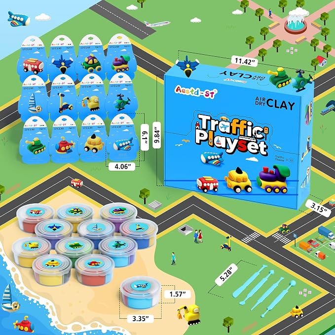 Air Dry Clay Kit -Traffic Theme, Modeling Clay for Kids, DIY Magic Clay with Sculpting Tools and Tutorials, 12 Boxes Molding Clay, Ultra Light, Soft & Non-Sticky, Arts and Crafts Gift for Kids
