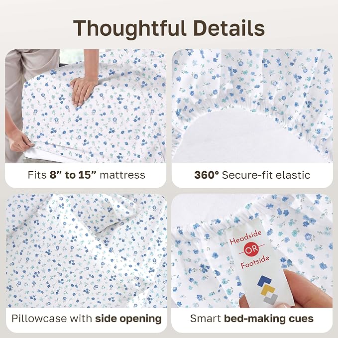 California Design Den Soft Twin XL 100% Cotton Sheet Sets, 400 Thread Count Good Housekeeping Award Winner, Smooth Sateen Finish, Cozy and Durable Twin XL Bedding Set - Floral White/Blue
