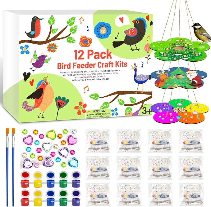 12 Pack Bird Feeder Craft Kits for Kids Ages 3-5 4-8 8-12, DIY Unfinished Wooden Art Painting Kits, Outdoor Bulk Toys for Easter, Christmas, Party Favors