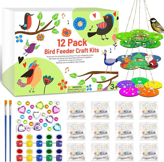 12 Pack Bird Feeder Craft Kits for Kids Ages 3-5 4-8 8-12, DIY Unfinished Wooden Art Painting Kits, Outdoor Bulk Toys for Easter, Christmas, Party Favors