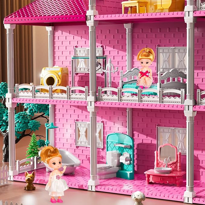 JUKUDAHU Villa Playset for Girls Ages 3-7, Indoor Playset Girls Toys with 3 Storeys 7 Rooms 2 Dolls for Ages 6-8, Furniture and Accessories, Pretend Toddler Toy, Birthday Gifts for Kids 3 4 5 6 7 8
