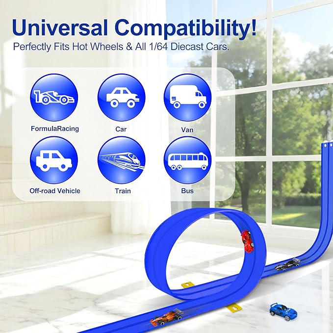 Flexible Race Track for Kids Starter Set - 20FT Flex Race Car Ramp Track with Strong Suction Cups, Rolls Up Portable DIY Racetrack Compatible with Hot Wheels & Diecast 1/64th Cars