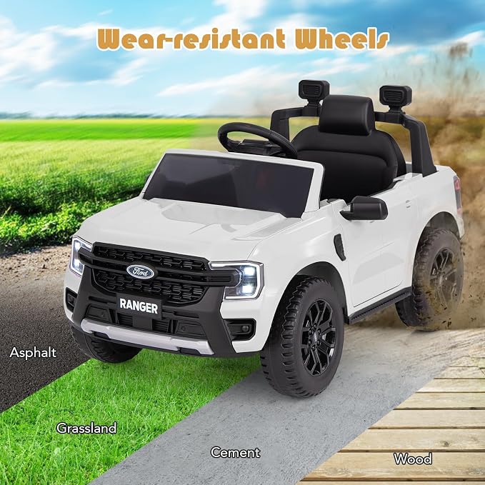 Licensed Ford Ranger Ride on Pickup Truck by INFANS, 12V Battery Powered Electric Vehicle for Kids with Remote Control, Headlight, Power Display, Bluetooth, MP3, Music, Aged 3-6 Years (White)