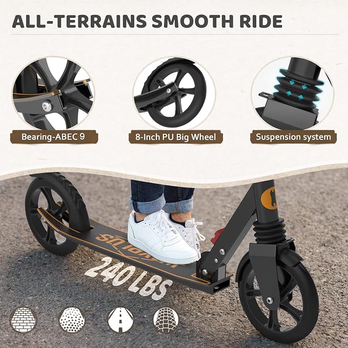 WAYPLUS KS1 Kick Scooter for Ages 6+,Kid, Teens & Adults. Max Load 240 LBS. Foldable, Lightweight, 8IN Big Wheels for Kids, Teen and Adults, 4 Adjustable Levels. Bearing ABEC9 FED Fitness