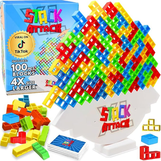 Stack Attack XL Tower Game, Giant Tabletop Games for Kids & Adults, Family Game Night Building Block and Stacking Gifts, Includes 100 Pcs & 36 Cards, Balance Novelty Toy Gift