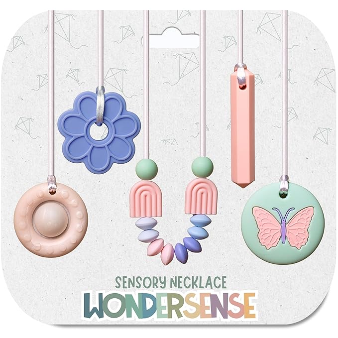 Whimsy Chew Necklaces for Sensory Kids | 5PCS Calm Colors Teething Toys | Chewy Necklace Sensory Toys for Kids with Autism | Premium Silicone Chewlery ADHD Tools | Fidget Necklace