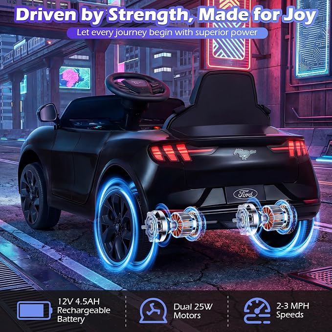 Costzon Ride on Car, 12V Licensed Ford Mach E Kids Electric Vehicle with Parent Remote, LED Lights, Horn, Music, Wireless Connection & Spring Suspension, Kids Car Toy for Girls Boys (Deep Black)