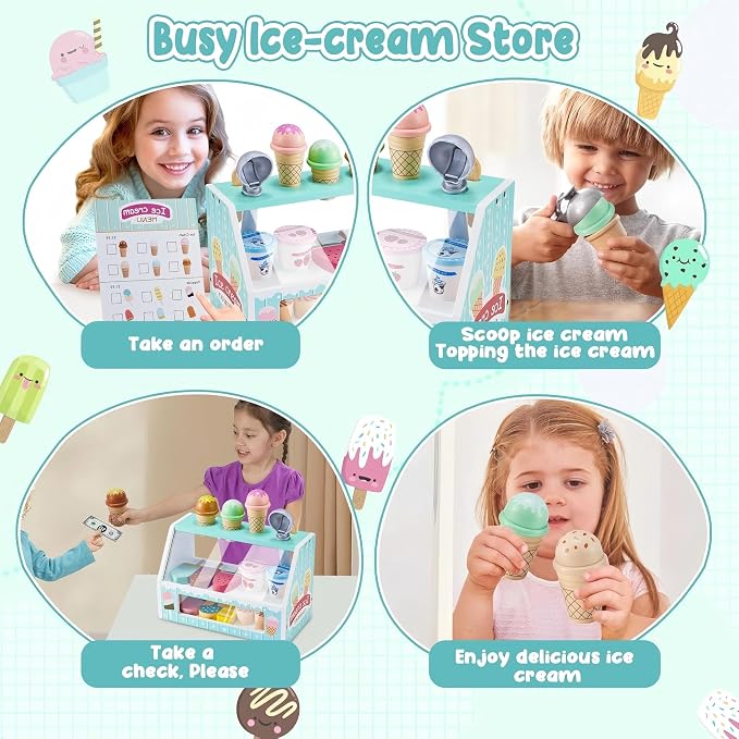 WHOHOLL Wooden Ice Cream Counter Playset for Toddler Girl Toys, Play Store Pretend Toy Food Play Kitchen Accessories with Fake Money & Coin, Christmas Birthday Gifts for 3+ Year Old Kids (Green)