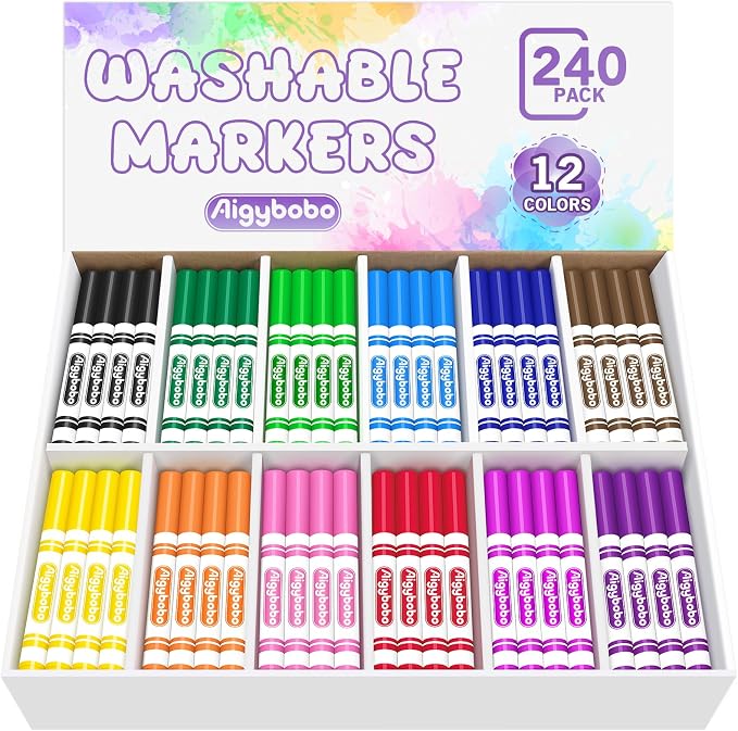 Aigybobo 240 Count Washable Markers Bulk, 12 Assorted Colors, Broad Line Conical Tip Coloring Markers for Kids, Markers Bulk Pack for Classroom, School Art Supplies & Back to School Supplies