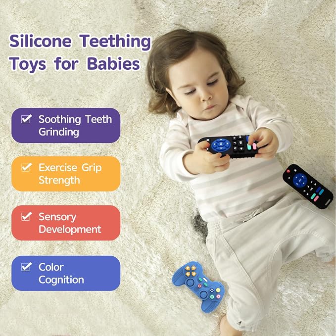 Hooku 2 Pack Remote Teether for Baby, Silicone Teethers for Babies 6-12 Months, Baby Teething Toys for Babies 0-6 Months, Remote Control Toy, Infant Gifts for Boys Girls