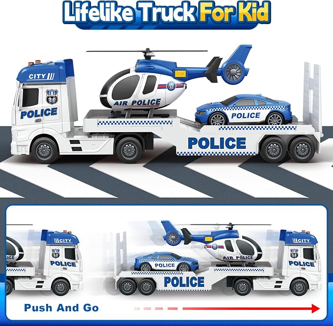 SpringFlower Toddler Boy Toys, 25" Large Police Truck Toy with Racing Car and Helicopter,3 in 1 Police Car Boy Toy, Christmas Birthday Gifts for Kids 3 4 5 6 Years Old