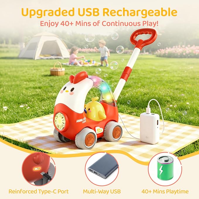 Bubble Machine for kids, USB Rechargeable Bubble Blower with Adjustable Handle, Leak-Proof Outdoor Push Bubble Machine for Toddlers 1-3, Bubble Toys for 1-5 Year Old Boy&Girl Parties Birthday