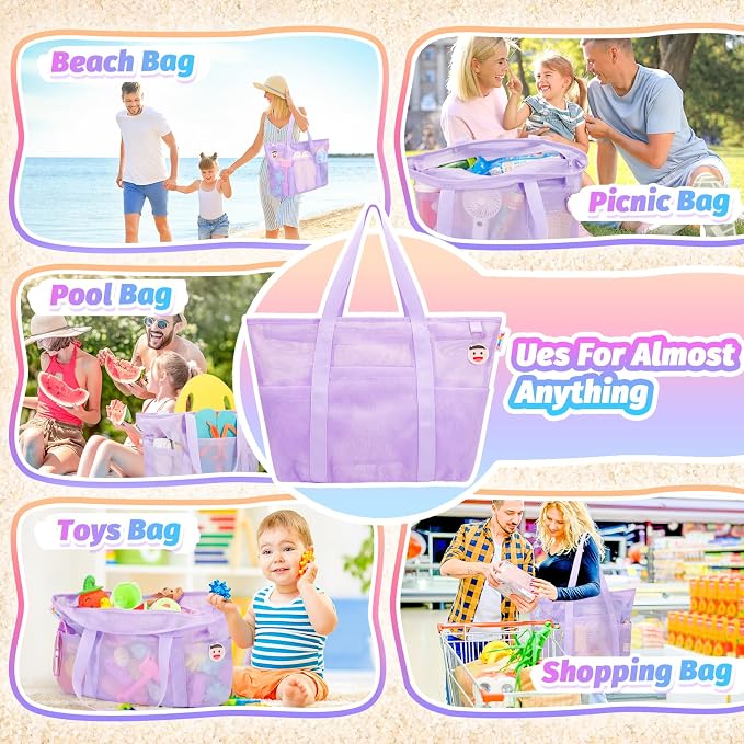 Tagitary Beach Toys for Kids and Mesh Beach Bag with Zipper, Large Beach Tote with 8 Pockets, Sand Toys Storage Pool Bag Beach Accessories for Sports Camping Picnic Travel