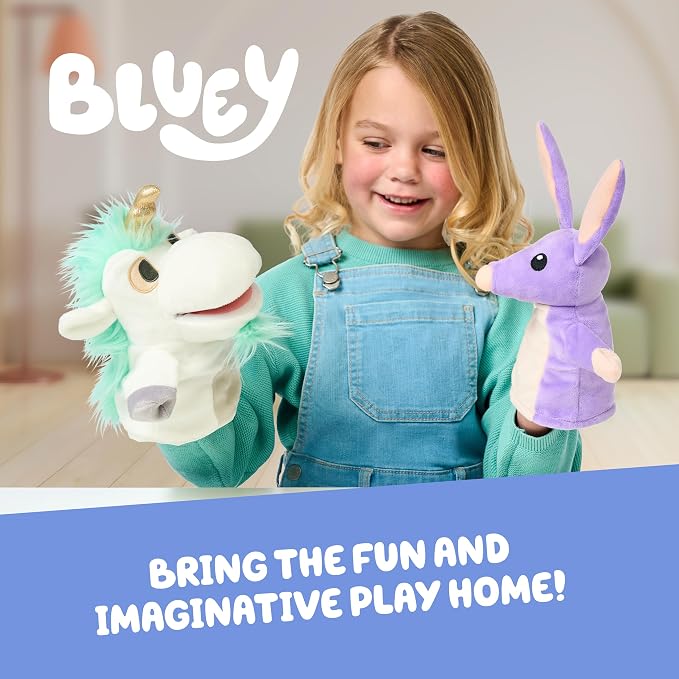 Bluey Unicorse & Bob Bilby Hand Puppets Plush 2-Pack – 8-9” Soft Deluxe Fabric, Embroidered Details, Perfect for Toddler Hands, Imaginative Play, Official Bluey Toys, Amazon Exclusive