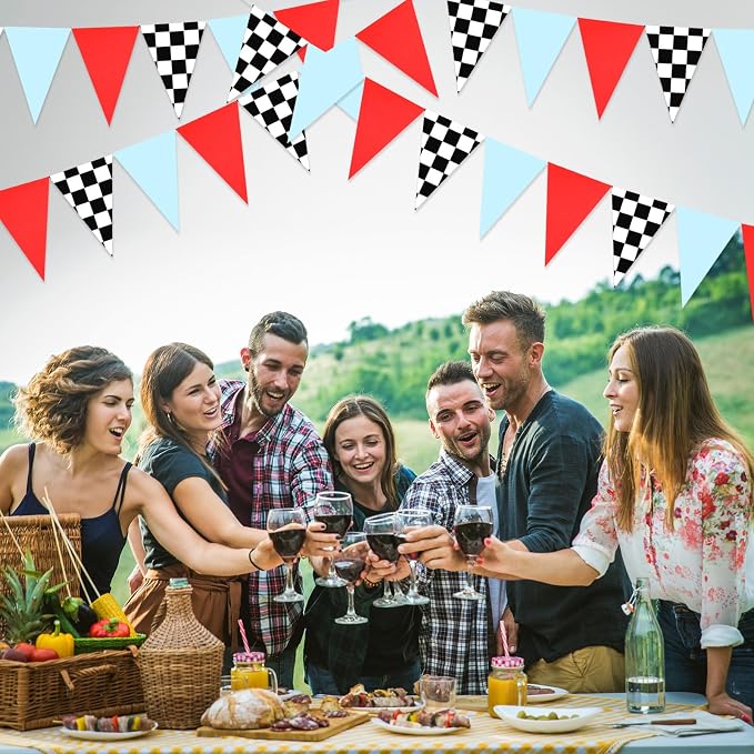 Tiamon 5 Pcs Racing Car Flag Banner Party Decorations Red Blue Black White Checkered Triangle 49.2 Ft Flag Race Car Pennant Banner Garland Streamer for Birthday Baby Shower 2nd Two Fast Party Supply