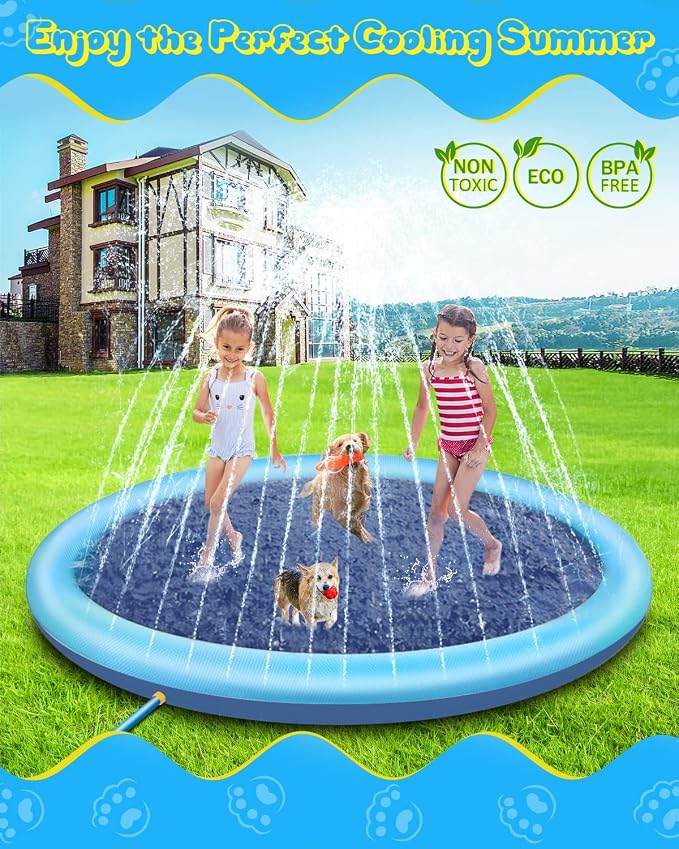 Raxurt Splash Pad, 87in Anti-Slip Splash Pad for Kids Dogs Thickened Durable Bath Pool Pet Summer Outdoor WaterToys Backyard Fountain Play Mat, Blue