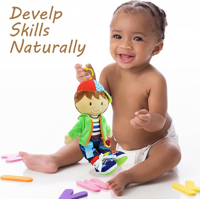 June Garden Personalized Dressy Friends Terry - Educational Stuffed Plush Doll for Kids and Toddlers 2 Years and Up - Montessori Buckle Soft Toy
