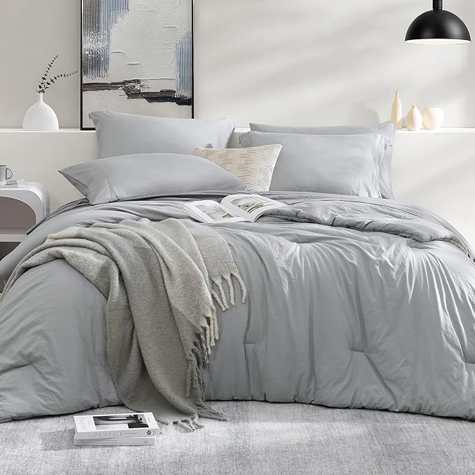 WRENSONGE Light Grey King Size Comforter Set- 7 Pieces Soft Microfiber King Size Comforter with Fitted Sheet, Flat Sheet, 2 Pillow Shams, and 2 Pillowcases- Warm King Bedding Set for All Season