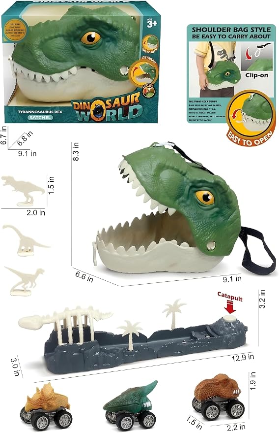 3-in-1 Dino Bag, Rolling Wheels & Launch Tracks, 13pc Jurassic Set, 3+ Gift | 3-in-1 dino bag: store, pull & launch! 13pc set with wheels & track fuels imaginative Jurassic play. Gift 3+