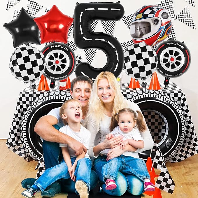 Race Car 5 Balloons, 40 Inch Racetrack Number 5 Balloon, Large Foil Mylar Racetrack Black 5 Balloon for 5 Year Old Birthday Race Car Themed Party Decoration