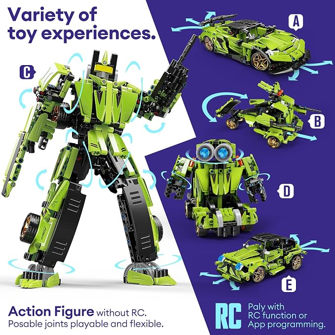 LECPOP STEM Building Blocks Kit, 5 in 1 Remote Control Sports Car and Transform Robot Toy Building Sets, Technic Coding Robotic Toys for Kids Age 8-12, Gifts for 6 7 8-13 Year Old Boys, 591 Pieces