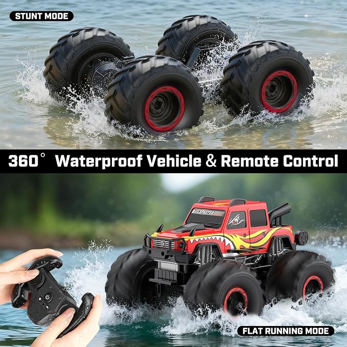 WayEee Remote Control Car Toys for Kids 6+, RC Car Waterproof Monster Truck Toys, Amphibious 4X4 Pickup, All Terrain Off-Road Vehicles, 2.4GHz Remote Control, 1/18 Scale RC Truck Boys Gifts/Red