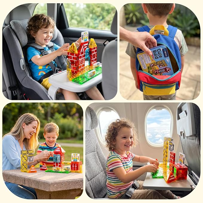 42PCS Mini Construction Magnetic Tiles Travel Set, Portable STEM Blocks with Metal Case, Montessori Educational Sensory Gifts for 3–5 Year-Old Boys