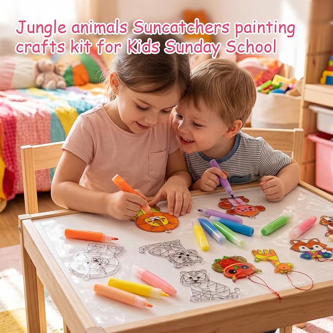 Blueweenly 36 Pcs Jungle Animal Suncatcher Kits 24 Pcs Jungle Animals Suncatchers Painting Crafts 12 Colored Paints Suncatcher Decoration Window Paint Art Sun Catchers Gift Art Project