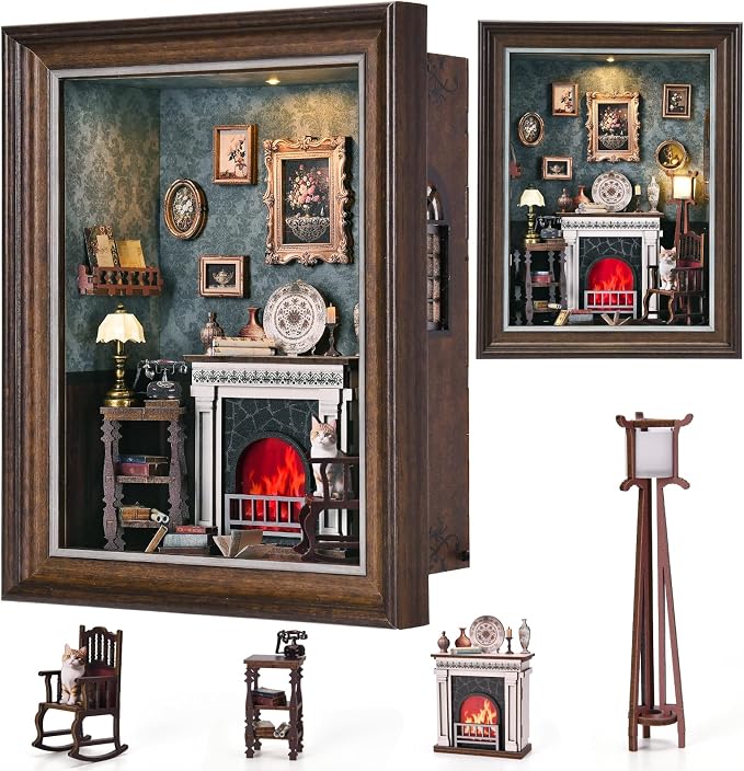 Book Nook Kit - 3D Wooden Puzzle with LED Switch Control & Wall-Mountable Frame,DIY Miniature House for Beginners,Bookshelf/Tabletop/Wall Decor for Craft Lovers,Dollhouse Gift,Fireplace