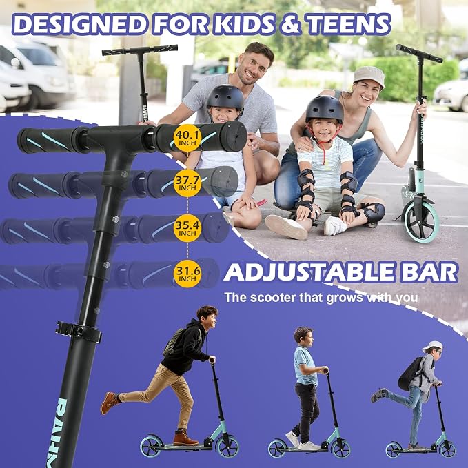 Rahmory Kick Scooter for Ages 6+,Kid, Teens & Adults. Foldable Kick Scooter for Boys with 4 Adjustable Heights, ABEC9 Bearings, Supports Up to 220 lbs.